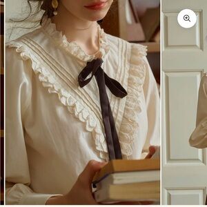 YARELI VINTAGE LACE PANEL CONTRASTING LACE-UP ROUND NECK BLOUSE